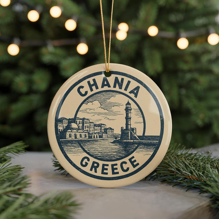 A circular ornament with the text "CHANIA GREECE" and an illustration of a lighthouse and buildings, hanging from a string.