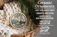 Ceramic ornaments, specifically a round ornament with a lighthouse and chania Greece design, are displayed in a woven basket.