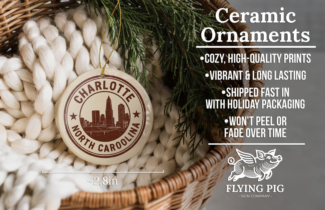 a ceramic ornament hanging from a wicker basket, with a text overlay providing information about the ornament.