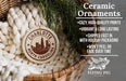 a ceramic ornament hanging from a wicker basket, with a text overlay providing information about the ornament.