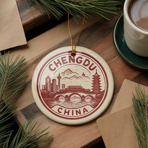 A decorative ornament featuring the city of Chengdu, China, with a mountain and pagoda in the background. The ornament is hanging from a string and is placed on a wooden surface, surrounded by pine branches and a cup of coffee.