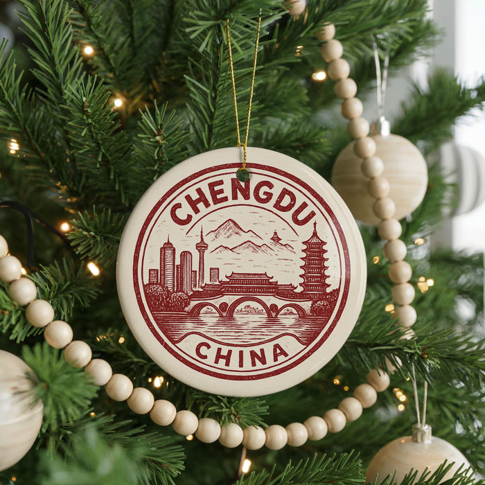 A Christmas tree decorated with ornaments, including a circular ornament with a design of a city skyline and mountains, and a beaded ornament.