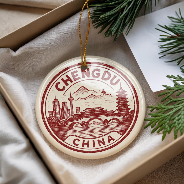 A decorative ornament with a red and white design, featuring a city skyline and mountains, is displayed in a box with pine branches.