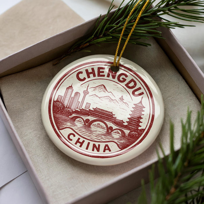 A decorative ornament in a box, featuring a circular design with a cityscape and mountains, along with the text "CHENGDU CHINA".