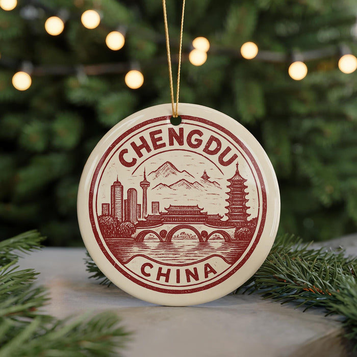 A round ornament with a red and white design depicting a city skyline and mountains, with the text "CHENGU CHINA" prominently displayed.