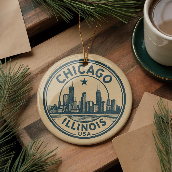 A circular ornament with the text "CHICAGO ILLINOIS USA" and a graphic of a city skyline is displayed on a wooden surface, surrounded by pine branches and a cup of coffee.