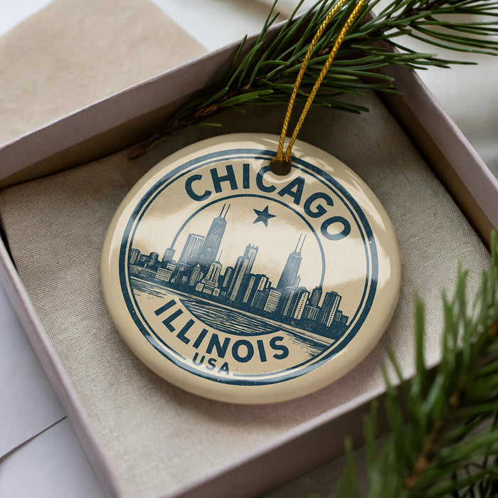 A circular ornament with the text "CHICAGO ILLINOIS USA" printed on it, surrounded by pine branches.
