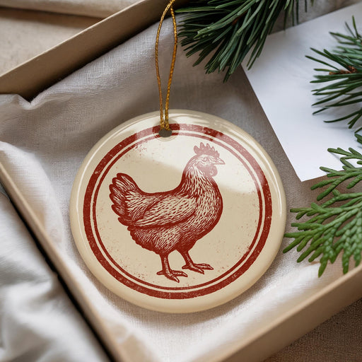 A round ornament featuring a red rooster is displayed in a box, surrounded by pine branches and a white card.