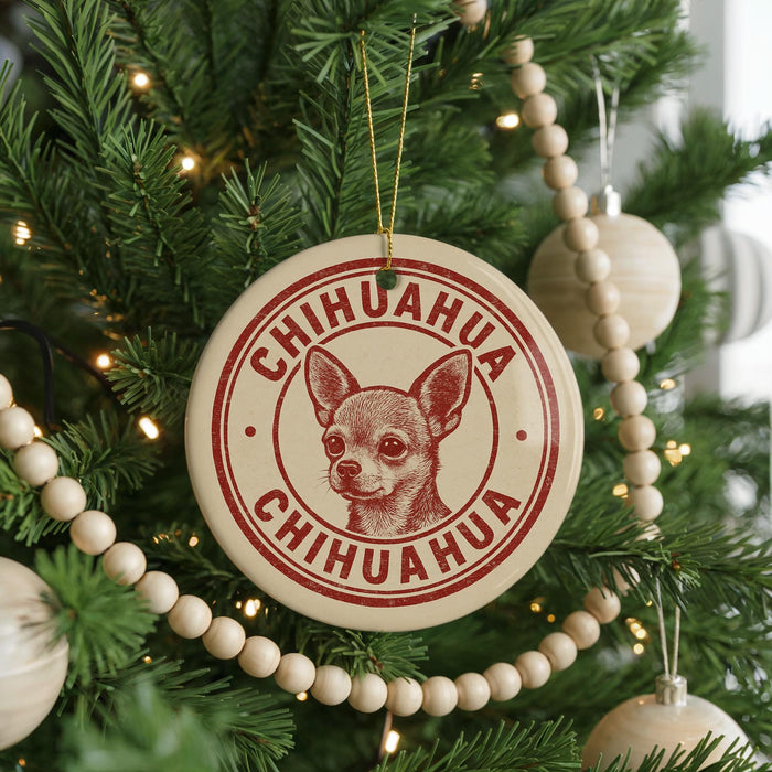 A Christmas tree decorated with ornaments, including a circular ornament with a chihuahua image and the text "CHIHUAHUA CHIHUAHUA" printed on it.