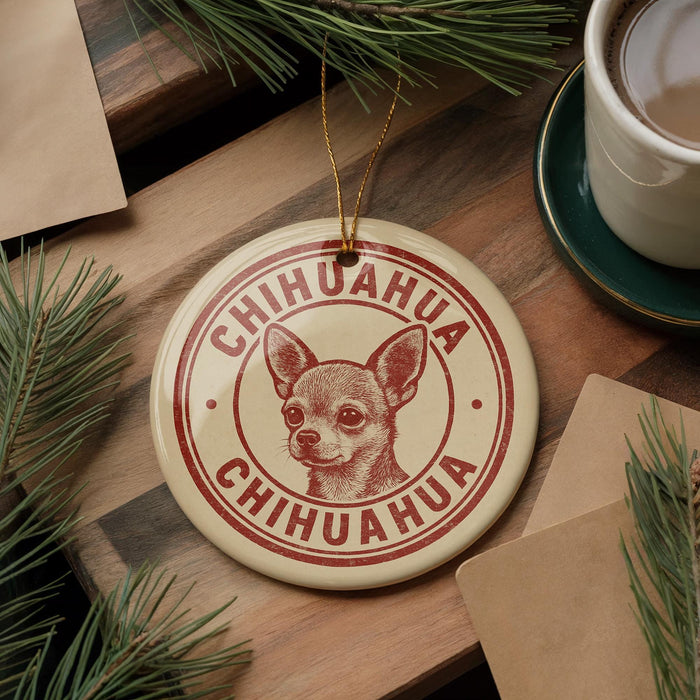 A round ornament with a chihuahua dog's face and the text "CHIHUAHUA CHIHUAHUA" printed on it, placed on a wooden surface next to a cup of coffee and pine branches.