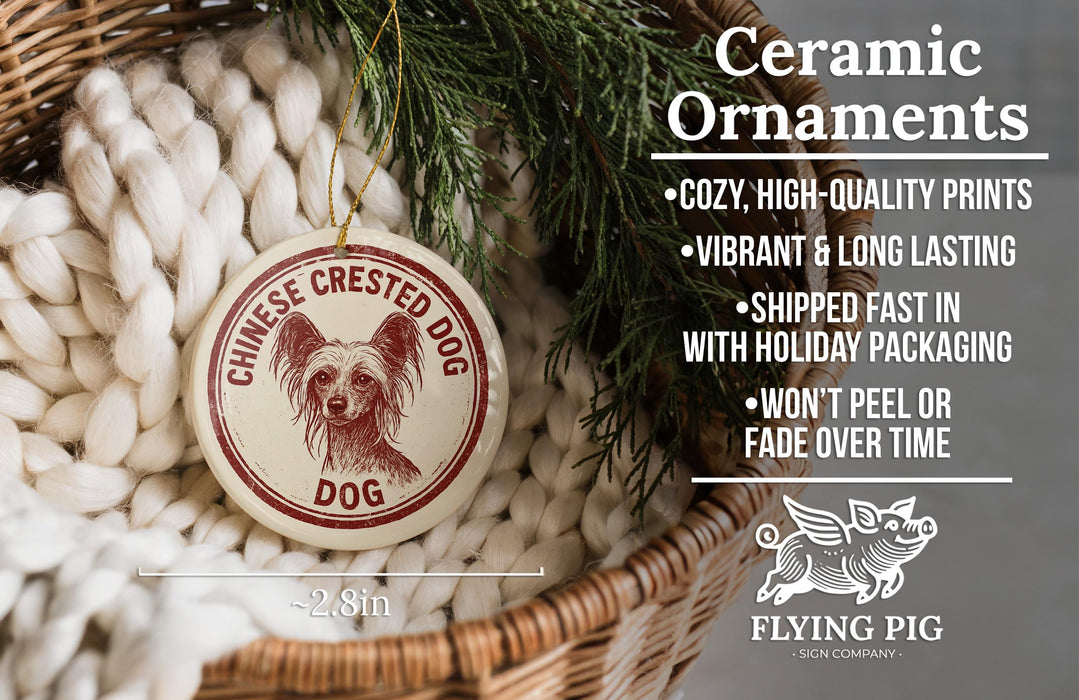 Ceramic ornaments featuring a Chinese Crested Dog, with text describing the ornaments as cozy, high-quality prints, vibrant, long-lasting, and shipped fast in holiday packaging.
