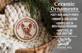 Ceramic ornaments featuring a Chinese Crested Dog, with text describing the ornaments as cozy, high-quality prints, vibrant, long-lasting, and shipped fast in holiday packaging.