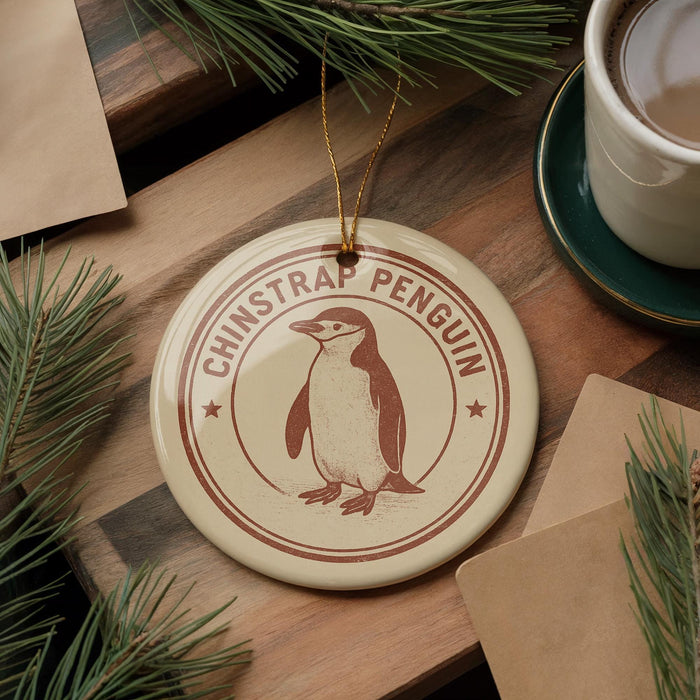 A round ornament featuring a chin strap penguin is displayed on a wooden surface, surrounded by pine branches and a cup of coffee.