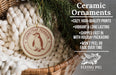 a ceramic ornament hanging from a wicker basket, with a pine branch and greenery in the background.