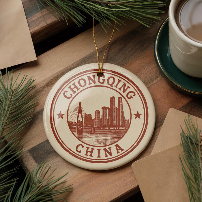 A circular ornament with the text "CHONGQING CHINA" and a cityscape illustration, placed on a wooden surface surrounded by pine branches and a cup of coffee.