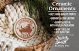 Ceramic ornaments, specifically a round ornament with a cityscape design, are displayed in a woven basket.