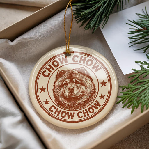 A round ornament with a chow chow dog image and the text "CHOW CHOW" is displayed in a box with pine branches.