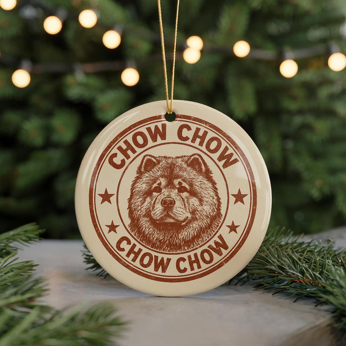 A round ornament with a chow chow dog design, featuring the text "CHOW CHOW" and "CHOW CHOW" in a circular pattern.