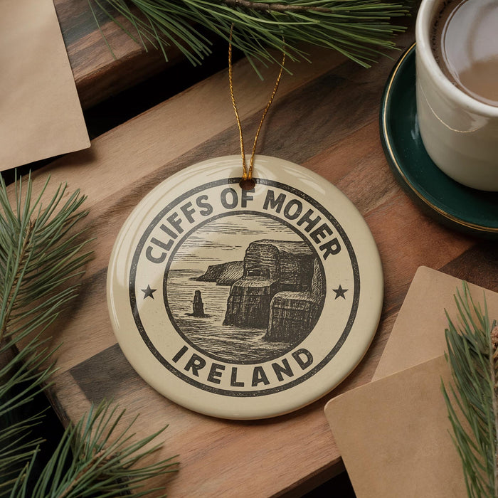 A circular ornament with the text "CLIFFS OF MOHER IRELAND" printed on it, surrounded by pine branches and a cup of coffee on a wooden surface.