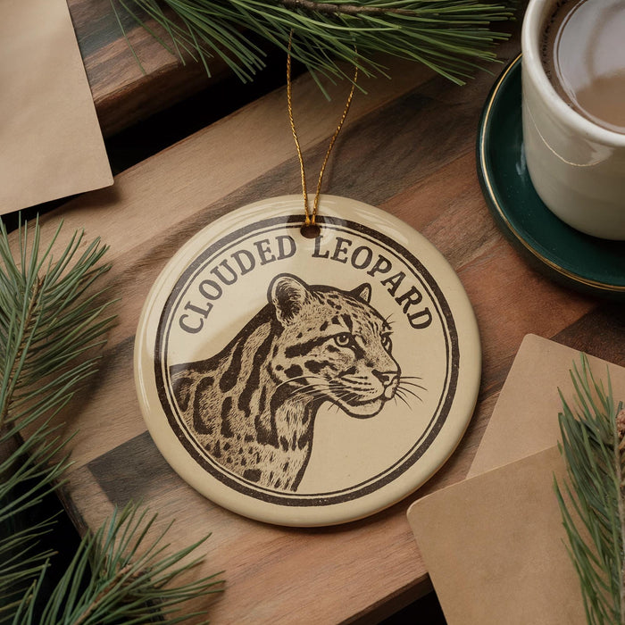 A round ornament featuring a leopard's head is displayed on a wooden surface, surrounded by pine branches and a cup of coffee.