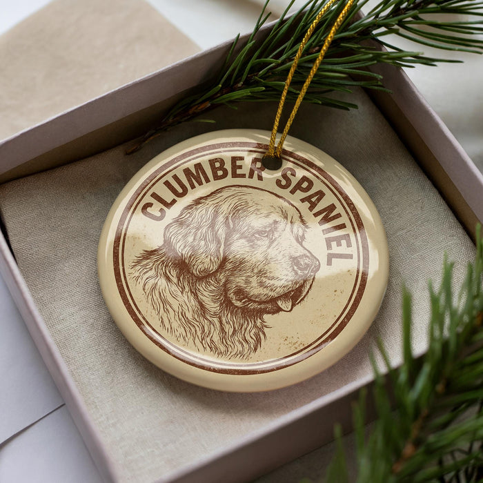 A round ornament featuring a Clumber Spaniel dog, with the text "CLUMBER SPANIEL" printed on it, is displayed in a box surrounded by pine branches.