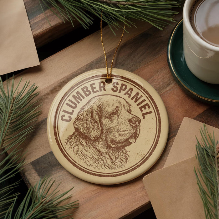 A ceramic ornament featuring a detailed illustration of a golden retriever dog, with the text "CLUMBER SPANIEL" printed on it. The ornament is placed on a wooden surface, surrounded by pine branches and a cup of coffee.