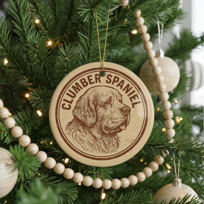 A Christmas tree decorated with ornaments, including a circular ornament with a picture of a dog's head and the text "CLUMBER SPANIEL".