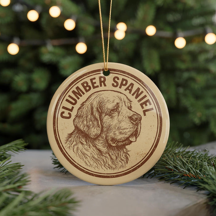 A round ornament featuring a detailed illustration of a Clumber Spaniel dog's head, with the text "CLUMBER SPANIEL" prominently displayed.