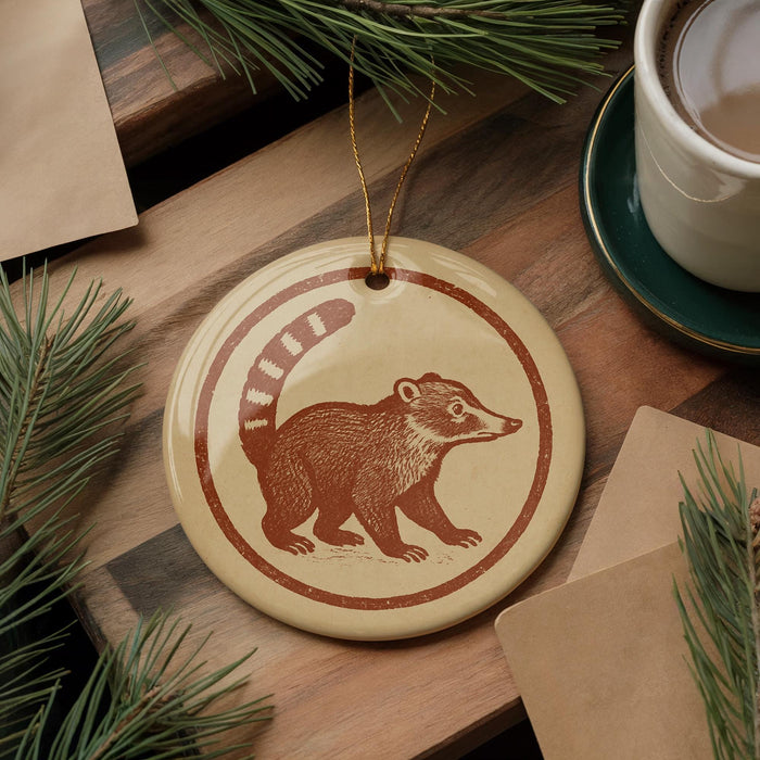 a round ornament with a brown and white illustration of a raccoon, hanging on a wooden surface.