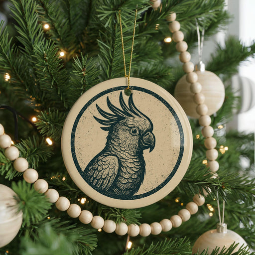 A Christmas tree decorated with ornaments, including a circular ornament featuring a black and white illustration of a parrot.