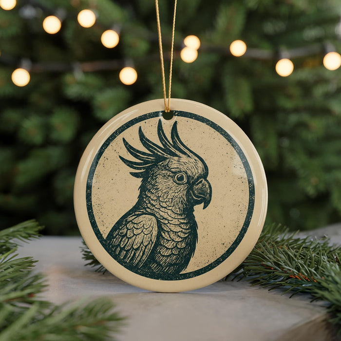 A round ornament featuring a parrot design is displayed in front of a blurred Christmas tree with twinkling lights.