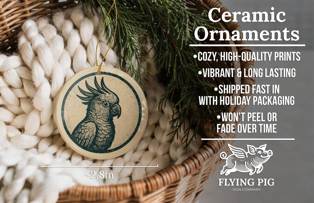Ceramic ornaments, featuring a ceramic bird ornament hanging from a wicker basket.