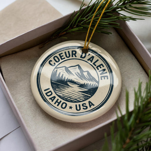 A decorative ornament in a box, featuring a mountain landscape and the text "COEUR DALENE IDAHO USA".