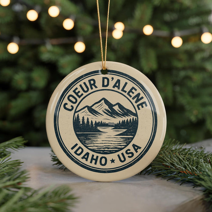 A circular ornament with the text "COEUR D'ALENE IDAHO USA" printed on it, featuring a mountain landscape and pine trees.