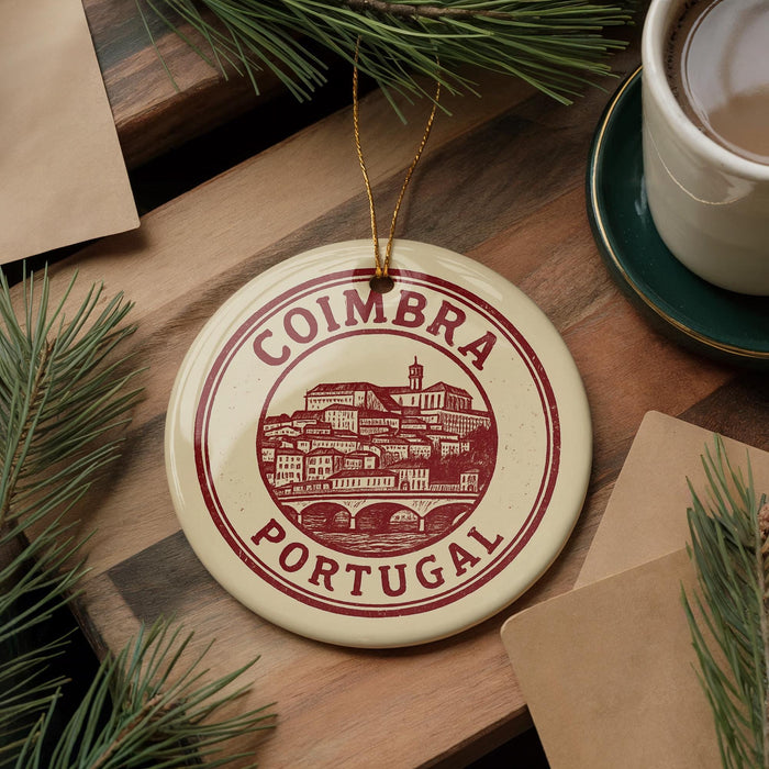 A circular ornament with the text "COIMBRA PORTUGAL" is displayed on a wooden surface, surrounded by pine branches and a cup of coffee.