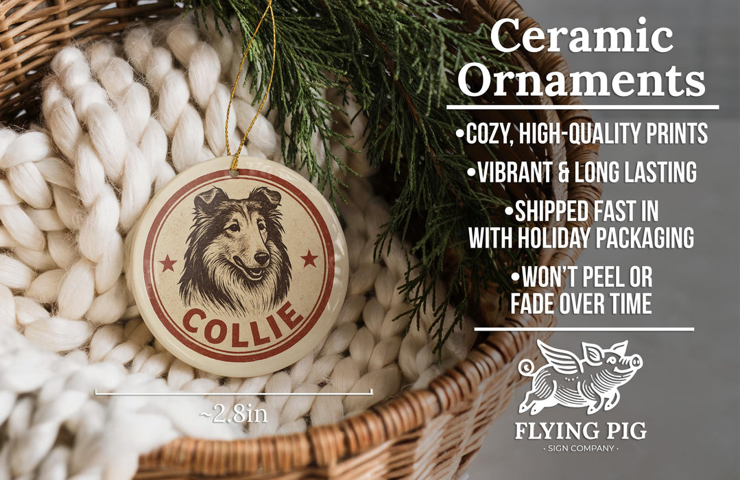 Ceramic ornaments, specifically a collar ornament, are displayed in a wicker basket. The ornament features a collie dog image and is described as cozy, high-quality prints, vibrant, and long-lasting, and shipped fast in holiday packaging. The ornament is not peeling or fading over time.