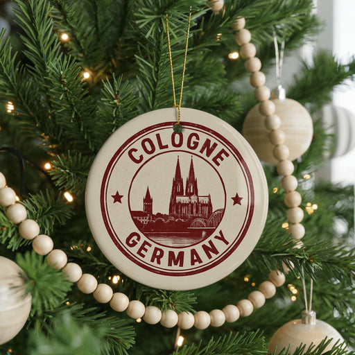 A Christmas tree decorated with ornaments, including a circular ornament with the text "COLOGNE GERMANY" and a castle illustration.