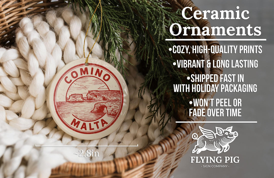 Ceramic ornaments, specifically COMINO Malta ornaments, are displayed in a wicker basket. The text highlights the ornaments as "cozy, high-quality prints" and "vibrant and long lasting", with a description of their shipping speed and packaging. The image also includes a logo for "FLYING PIG" and a scale indicating the size of the ornaments.
