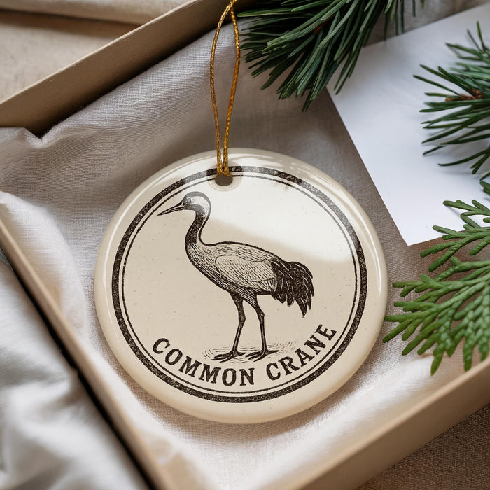 A decorative ornament featuring a black and white illustration of a crane, with the text "COMMON CRANE" printed on it, is displayed in a box with pine branches.