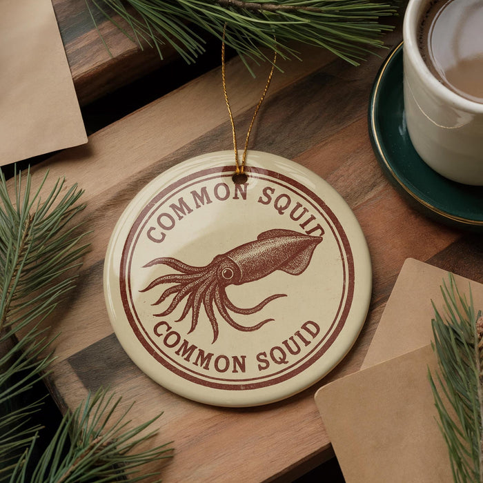 a round ornament with a picture of a squid and the text "Common squid" on it, placed on a wooden surface. There is also a cup of coffee and some pine branches in the background.