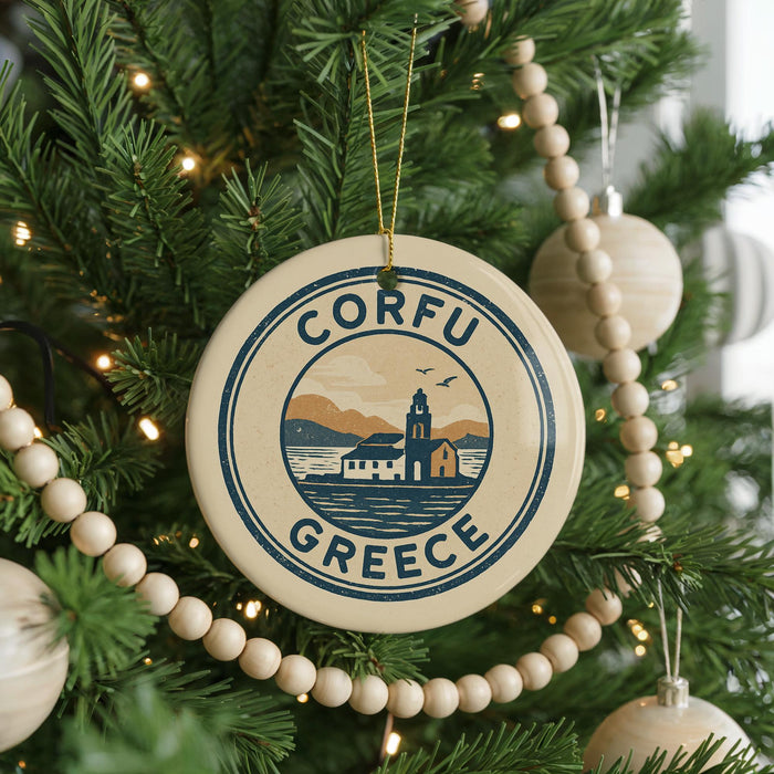 A round ornament on a Christmas tree with the text "CORFU GREECE" and a graphic of a building and a mountain.