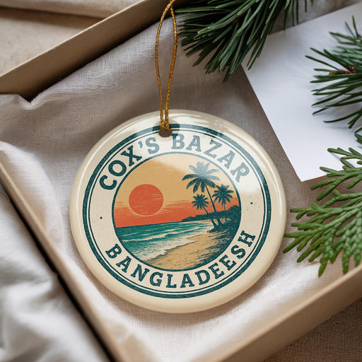 A circular ornament with a tropical beach scene and palm trees, featuring the text "COX'S BAZAR BANGLADESH" on it.