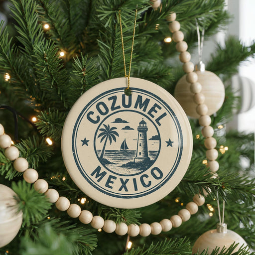 A Christmas tree decorated with ornaments, including a circular ornament with the text "COZUMEL MEXICO" and a lighthouse illustration.