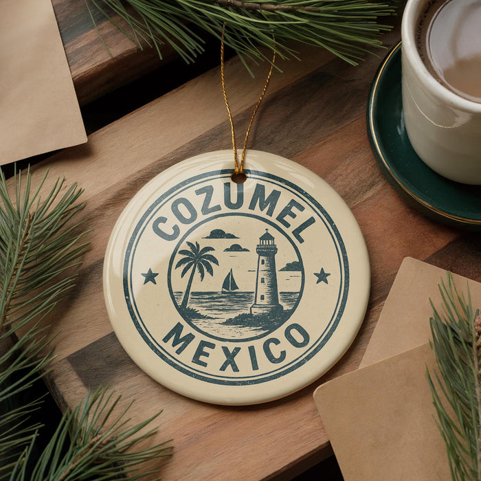 A circular ornament with the text "COZUMEL MEXICO" and a lighthouse illustration is displayed on a wooden surface, surrounded by pine branches and a cup of coffee.
