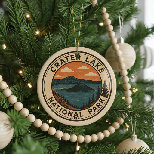 A circular ornament on a Christmas tree, featuring a scenic landscape with mountains and a lake, with the text "Crater Lake National Park" prominently displayed.