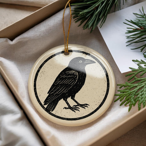 A round ornament featuring a black bird is displayed in a box, surrounded by pine branches.