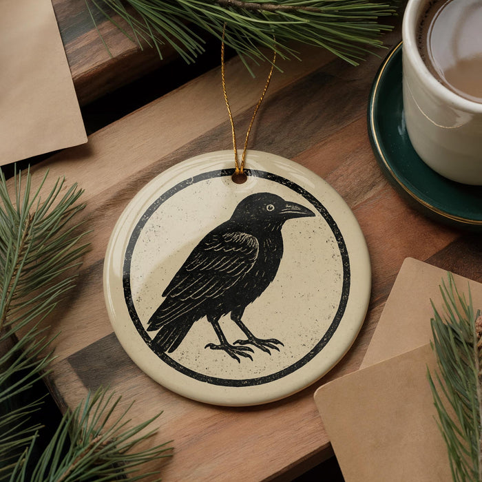 a ceramic ornament with a black bird design, placed on a wooden surface next to a cup of coffee and some pine branches.