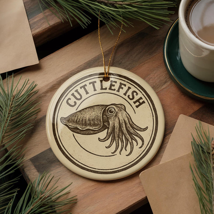 a round ornament with the word "CUTTLEFISH" printed on it, surrounded by pine branches and a cup of coffee.