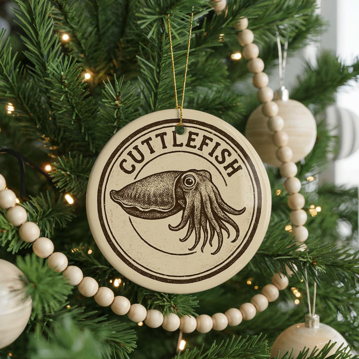 A Christmas tree decorated with ornaments, including a circular ornament with an image of an octopus and the text "CUTTLEFISH" on it.