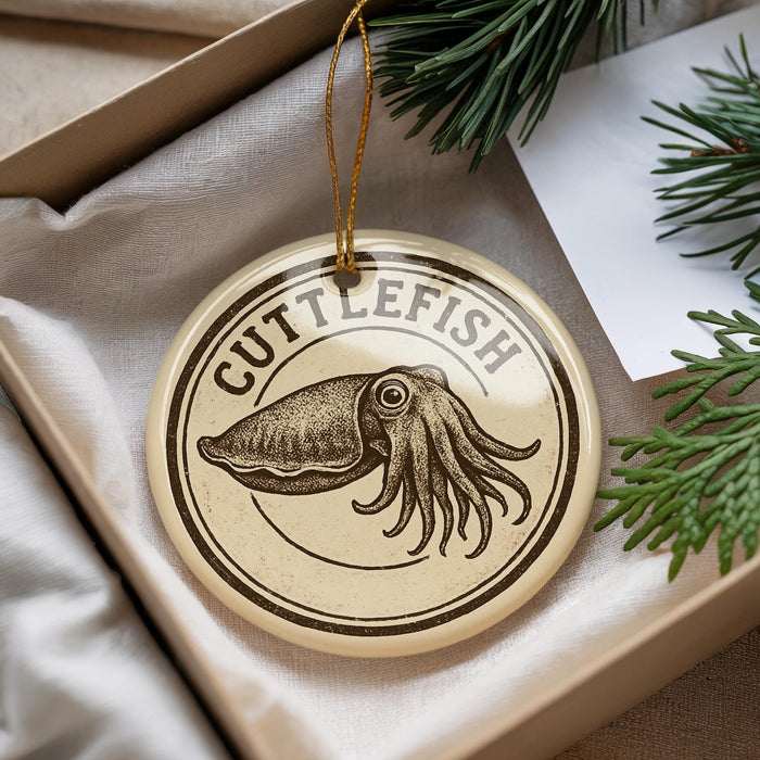 A round ornament with the word "CUTTLEFISH" printed on it, featuring an illustration of an octopus.